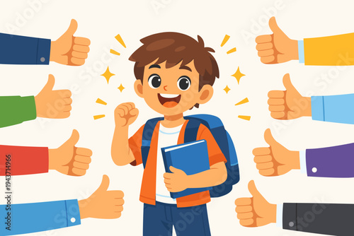 Happy schoolboy student with backpack and book receiving thumbs up from many hands, symbolizing academic success, positive feedback, and encouragement. Flat vector illustration for education.