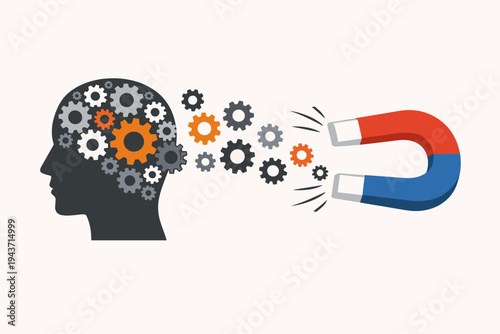 Concept of brain drain and mental extraction with human head silhouette filled with gears being pulled by a horseshoe magnet, representing loss of ideas, talent acquisition, and cognitive power.