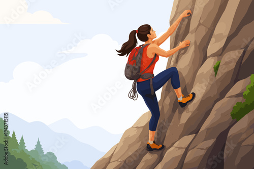 Determined woman rock climbing up a steep mountain cliff in a flat vector illustration, challenging herself with outdoor adventure, wearing a backpack and climbing gear against a scenic sky.