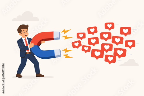 Young businessman in a suit using a giant horseshoe magnet to attract red heart like icons. Concept of social media marketing, digital engagement, online influence, and viral content strategy.