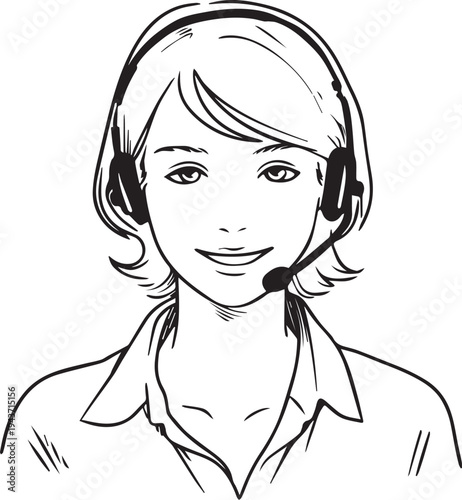 Hand Drawn Female Customer Service Agent Black and White Avatar Illustration in Minimal Line Art Style Design