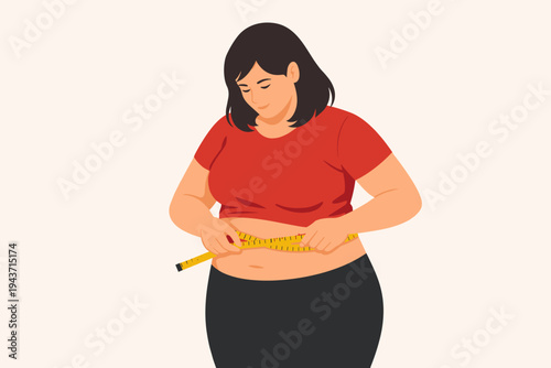 Overweight Woman Measuring Her Waistline with a Yellow Measuring Tape, Flat Vector Illustration Representing Obesity, Weight Loss Progress, Healthy Lifestyle Goals, and Body Image Awareness.