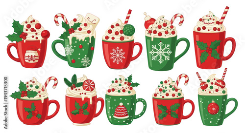 Christmas Hot Chocolate Mugs Collection, Festive Holiday Drinks with Whipped Cream and Candy Canes