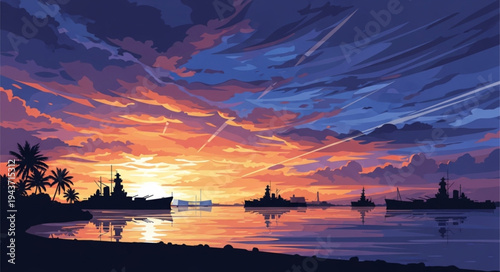 Sunset over tropical bay with boats.