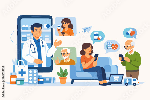 Online Pharmacy Concept Illustration with Male Pharmacist on Smartphone Screen Consulting Patients via Mobile App, People Ordering Medicine and Healthcare Products Online from Home Flat Vector