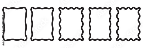 Set of colorful round and oval, rectangular and square, arch shapes with curvy edges. Cute geometric forms with scalloped borders. Empty textboxes, stickers, tags or labels. Vector flat illustration