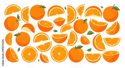 Vibrant Orange Slices and Whole Fruits Collection - Fresh Citrus Background
