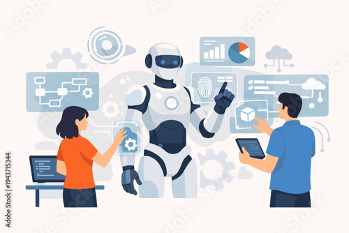 Software Engineers Collaborating with a Humanoid Robot Using Virtual Interfaces, Data Charts, and Code; Flat Vector Illustration of Artificial Intelligence, Machine Learning, and Future Tech.