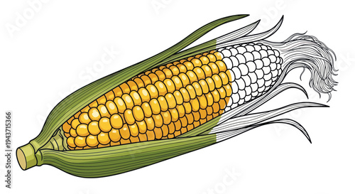 Fresh Sweet Corn Cob with Green Husk and Yellow Kernels Isolated on White Background
