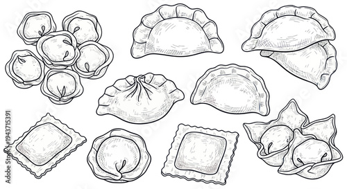 Hand-drawn dumplings and ravioli collection, various shapes, sketch style