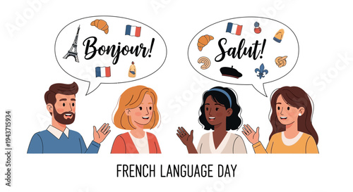 Illustration of diverse people celebrating French Language Day with greetings and flags in a colorful design