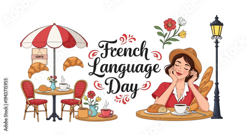Illustration of a woman enjoying a meal with a cup of coffee on French Language Day with a charming outdoor cafe setting and a street lamp.