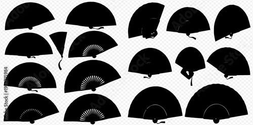 Set of black hand fan silhouettes in various open and closed positions, traditional Asian accessory for cooling and decoration.