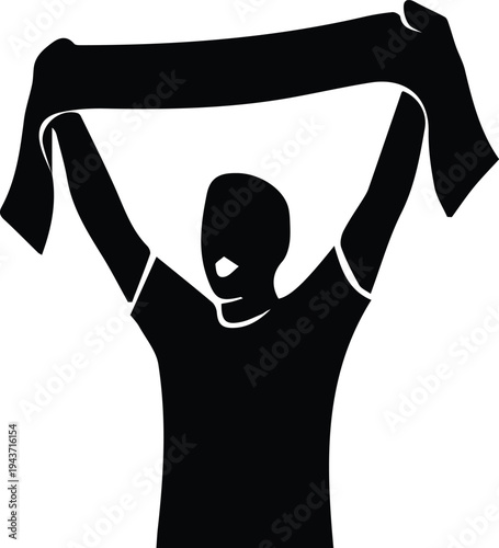 Silhouette illustration of a soccer supporter holding a scarf above the head while cheering in a stadium. Symbol of passionate football fan support and team spirit during a match.