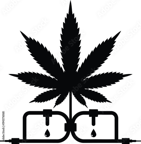 A black silhouette of a cannabis leaf sits atop a drip irrigation system in a field.