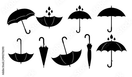 Umbrella rain protection silhouettes vector icon collection weather symbol illustration