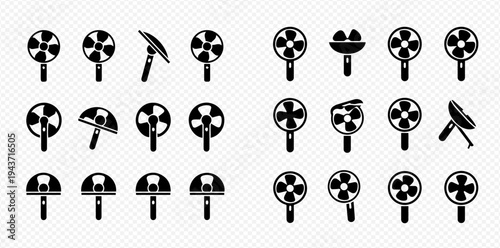 Set of black and white icons for a radiation warning symbol, showing various angles and perspectives of the sign.