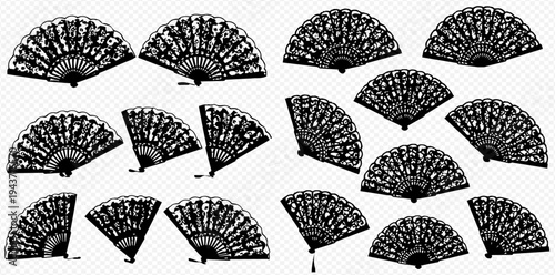 Set of traditional Japanese folding fans with intricate patterns and designs, perfect for cultural themes and decorative elements.