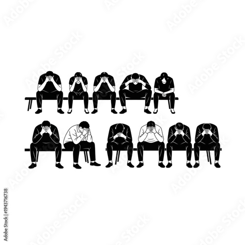 Black, and, white, illustration, of, people, sitting, on, benches, with, heads, in, hands, expressing, sadness, or, fatigue
