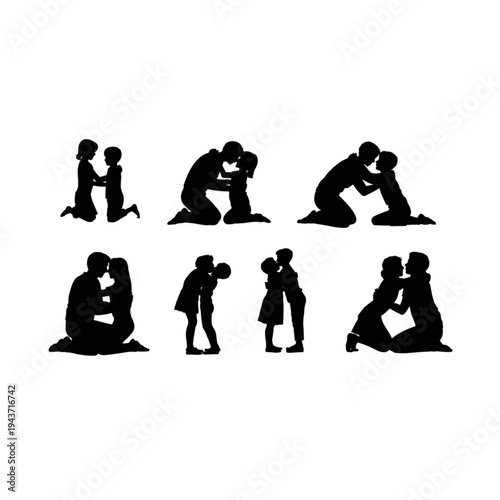 Black silhouette collection of family members hugging and kissing showing love and affection for stock vector design