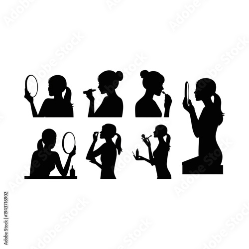 Black and white silhouette of woman applying makeup and looking in mirror for beauty and grooming routine