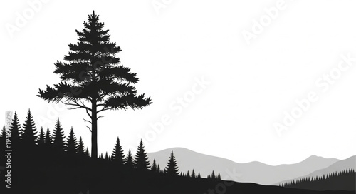 Tall Pine Tree Silhouette Landscape.