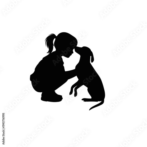 Black silhouette illustration of a little girl crouching and hugging her pet dog with love and care