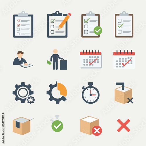 Flat vector icons representing business, tasks, schedules, and various processes