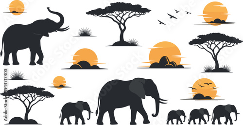 African elephant family silhouettes with acacia trees and sunset landscape vector collection, wildlife safari animals in savanna illustration set