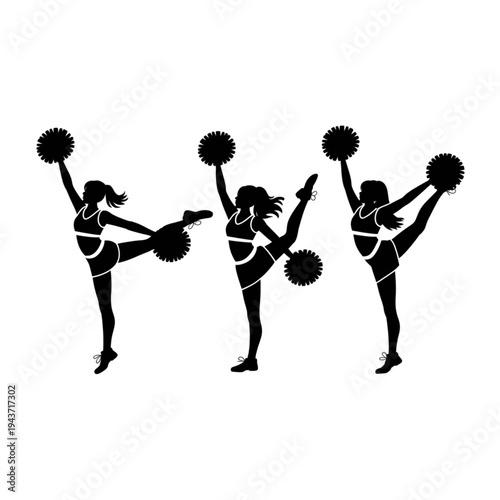 Cheerleader silhouette collection set with pom poms performing dance routine vector illustration for sports team support