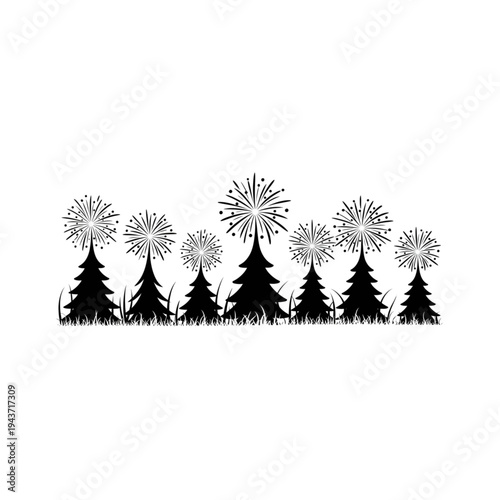Christmas trees silhouette with firework sparkler decoration vector illustration for winter holiday and new year celebration