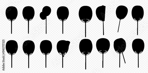 Set of black silhouette hand fans with various shapes and angles, isolated on a transparent background.