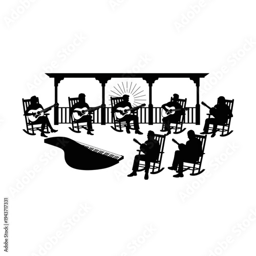 Band silhouette collection set of musicians playing guitar and piano on porch vector illustration for music hobby