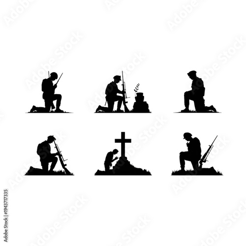 Soldier silhouette collection set of kneeling and praying at grave vector illustration for memorial day honor