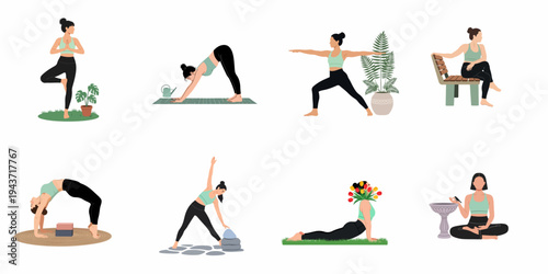 Set of flat vector illustrations showing a woman practicing various yoga poses and mindfulness activities in different environments.