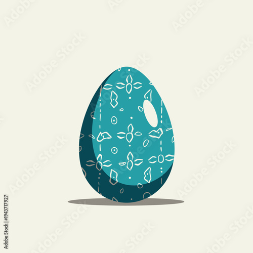 Blue Ornate Eggshell with Intricate Geometric Patterns Casts a Soft Shadow on a Cream Background