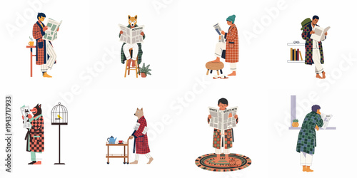 Flat illustration collection of characters and human-like animals in bathrobes reading newspapers and enjoying morning activities at home.