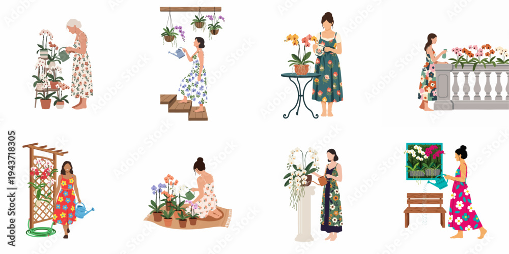 Naklejka premium Collection of illustrations featuring women in floral dresses watering and caring for various orchid plants in different settings, flat vector style.