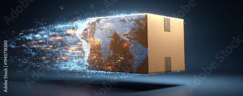 Global shipping delivery cardboard box earth logistics glows fast worldwide freight digital parcel concept