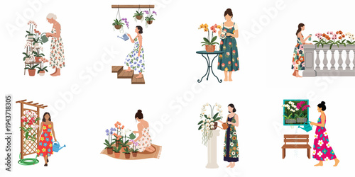 Collection of illustrations featuring women in floral dresses watering and caring for various orchid plants in different settings, flat vector style.