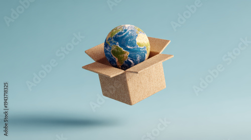 Global shipping delivery cardboard box earth logistics concept floating globe packaging