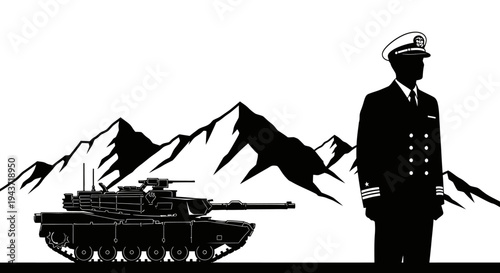 Military Officer and Tank Silhouette in Mountain Landscape