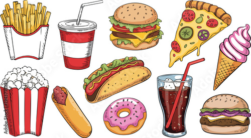 Vintage fast food sketch icons set with burger fries soda pizza donut hot dog taco and ice cream