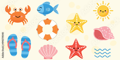 Oceanic Fun: A charming collection of seaside icons, each one bursting with vibrant colors and joyful expressions, evokes the simple pleasures of a sunny day at the beach.