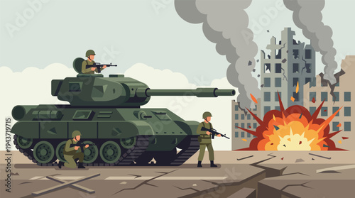 Battleground Havoc: A battlefield scene unfolds, dominated by a formidable tank and soldiers amidst the wreckage of a building, with smoke billowing in the sky. It depicts the ravages of conflict.