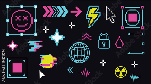 Pixelated Icon Set: A collection of vibrant pixel art icons, each element radiating a unique charm, perfect for digital design and thematic concepts.