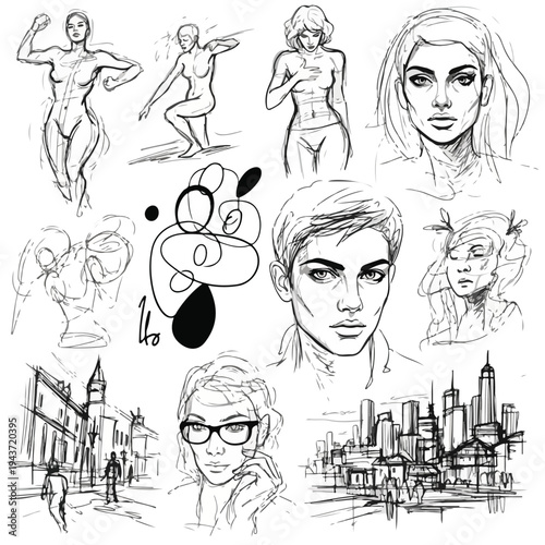 Mixed media sketches featuring portraits, figures, and cityscapes in monochrome