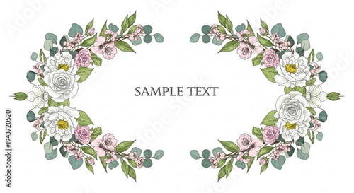 Floral wreath frame with white and pink roses eucalyptus on white background for wedding or event invitations