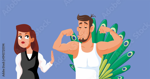 Woman Rejecting a Peacocking Infatuated Man Vector Illustration. Girlfriend saying stop to her toxic boyfriend who is too vain and narcissistic 