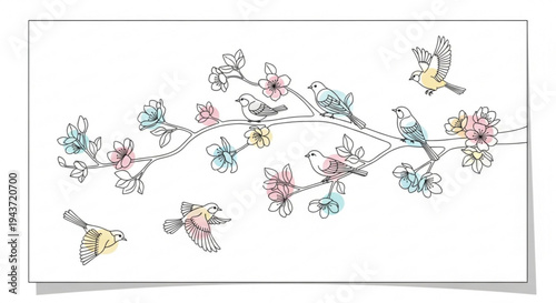 Colorful birds perch on blooming branch with flowers flying around in air natural scenery